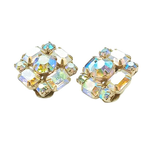 Vintage Aurora Borealis Rhinestone Gold-Tone Clip-On Earrings - Picture 3 of 5